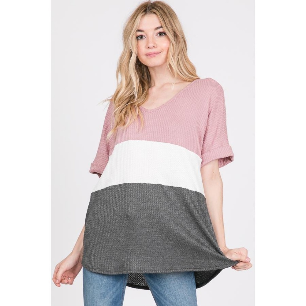 The Color Block Waffle Tee - Mauve